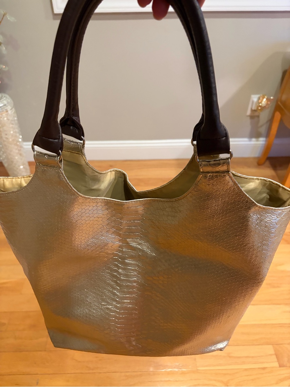NEIMAN MARCUS Metallic Gold Snake-Embossed Tote with Dark Brown Handles
